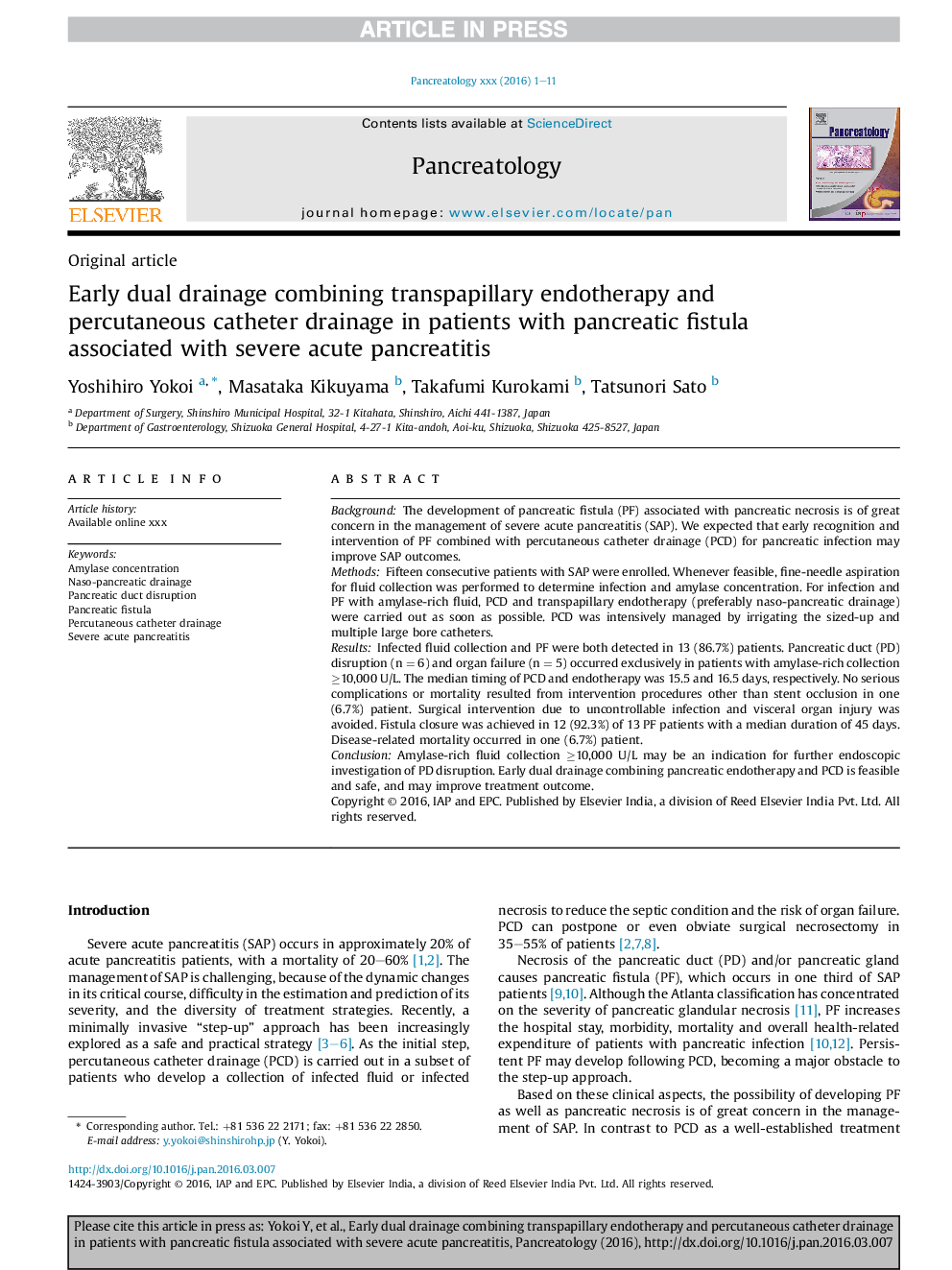 Early dual drainage combining transpapillary endotherapy and percutaneous catheter drainage in patients with pancreatic fistula associated with severe acute pancreatitis