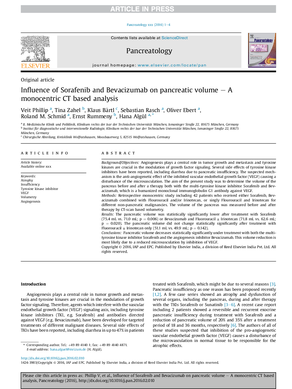 Influence of Sorafenib and Bevacizumab on pancreatic volume - A monocentric CT based analysis