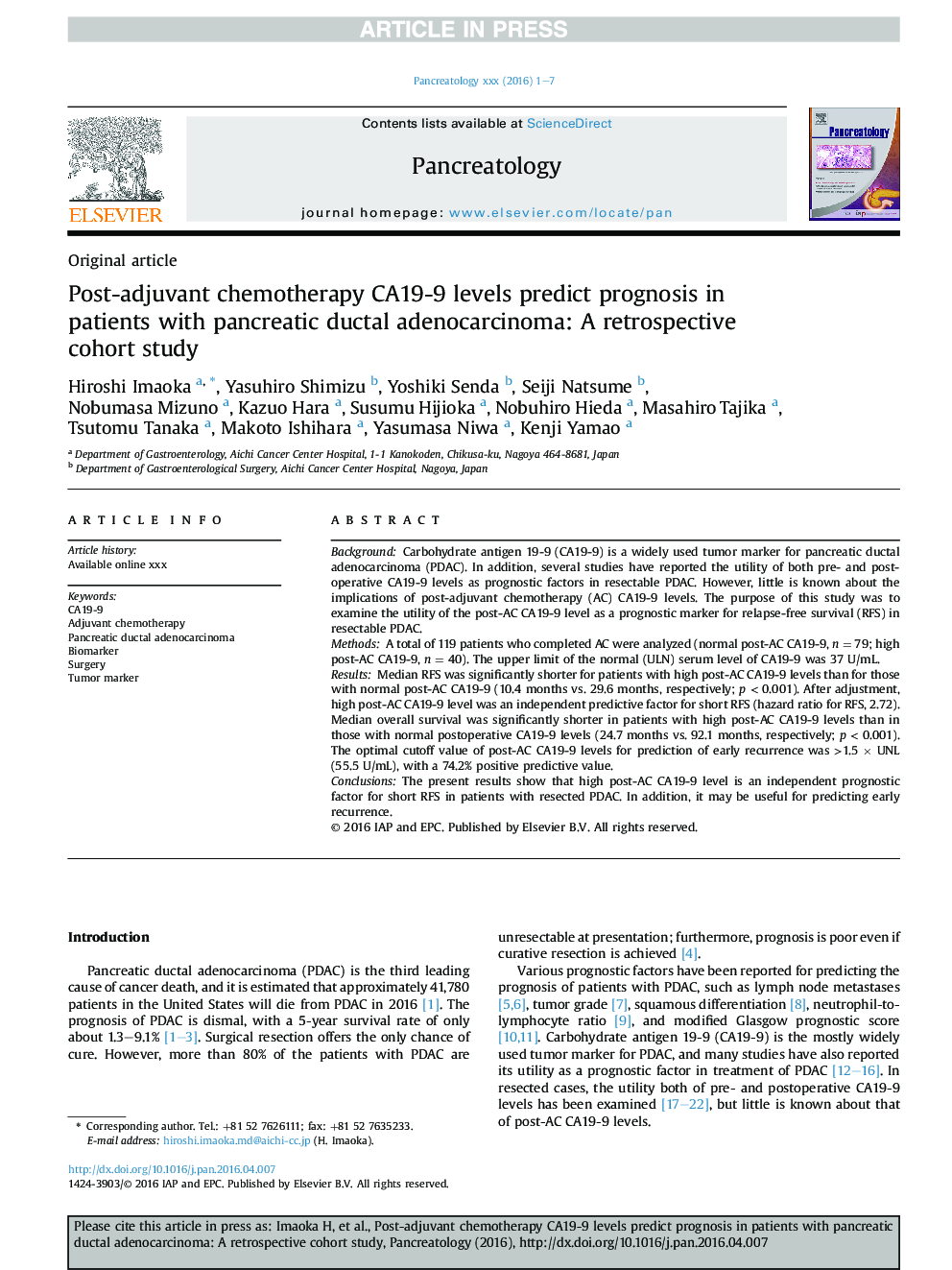 Post-adjuvant chemotherapy CA19-9 levels predict prognosis in patients with pancreatic ductal adenocarcinoma: A retrospective cohort study