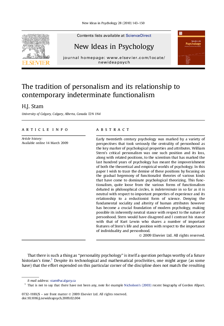 The tradition of personalism and its relationship to contemporary indeterminate functionalism