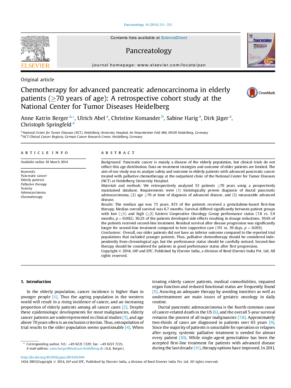 Chemotherapy for advanced pancreatic adenocarcinoma in elderly patients (â¥70 years of age): A retrospective cohort study at the National Center for Tumor Diseases Heidelberg