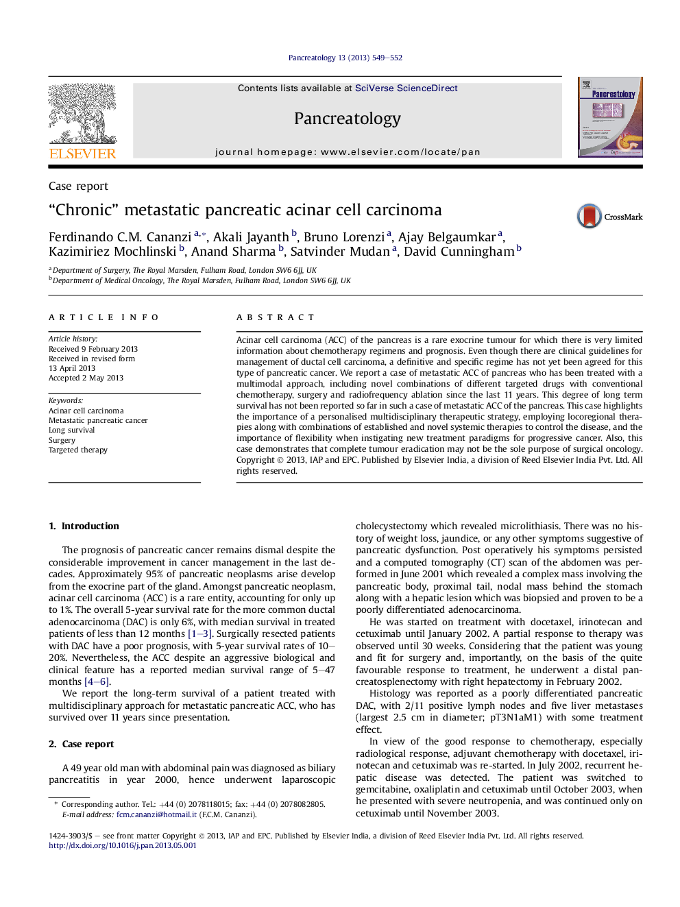 “Chronic” metastatic pancreatic acinar cell carcinoma