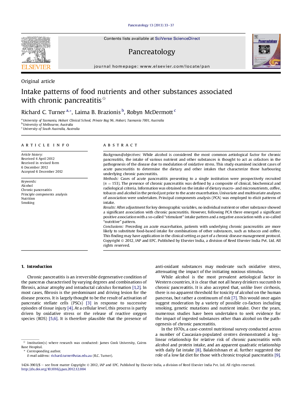 Intake patterns of food nutrients and other substances associated with chronic pancreatitis