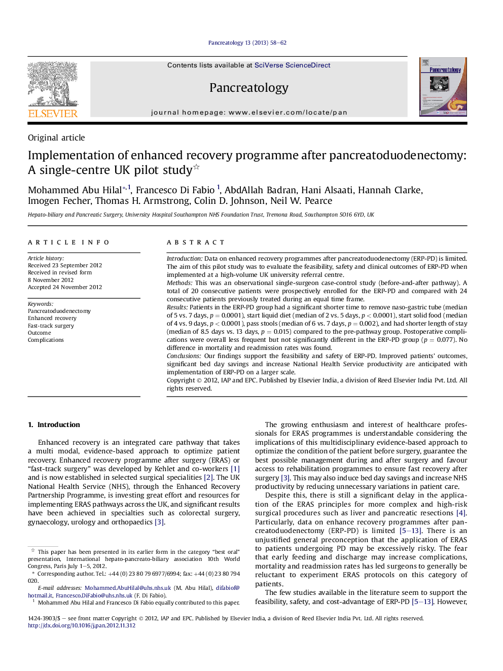 Implementation of enhanced recovery programme after pancreatoduodenectomy: A single-centre UK pilot study