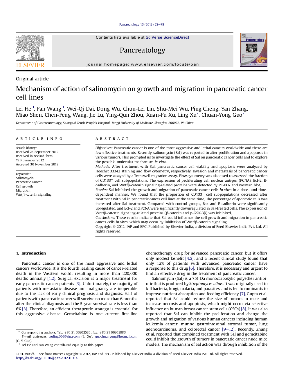 Mechanism of action of salinomycin on growth and migration in pancreatic cancer cell lines