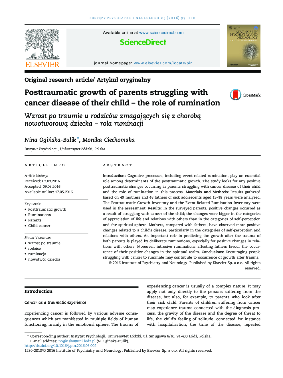 Posttraumatic growth of parents struggling with cancer disease of their child – the role of rumination