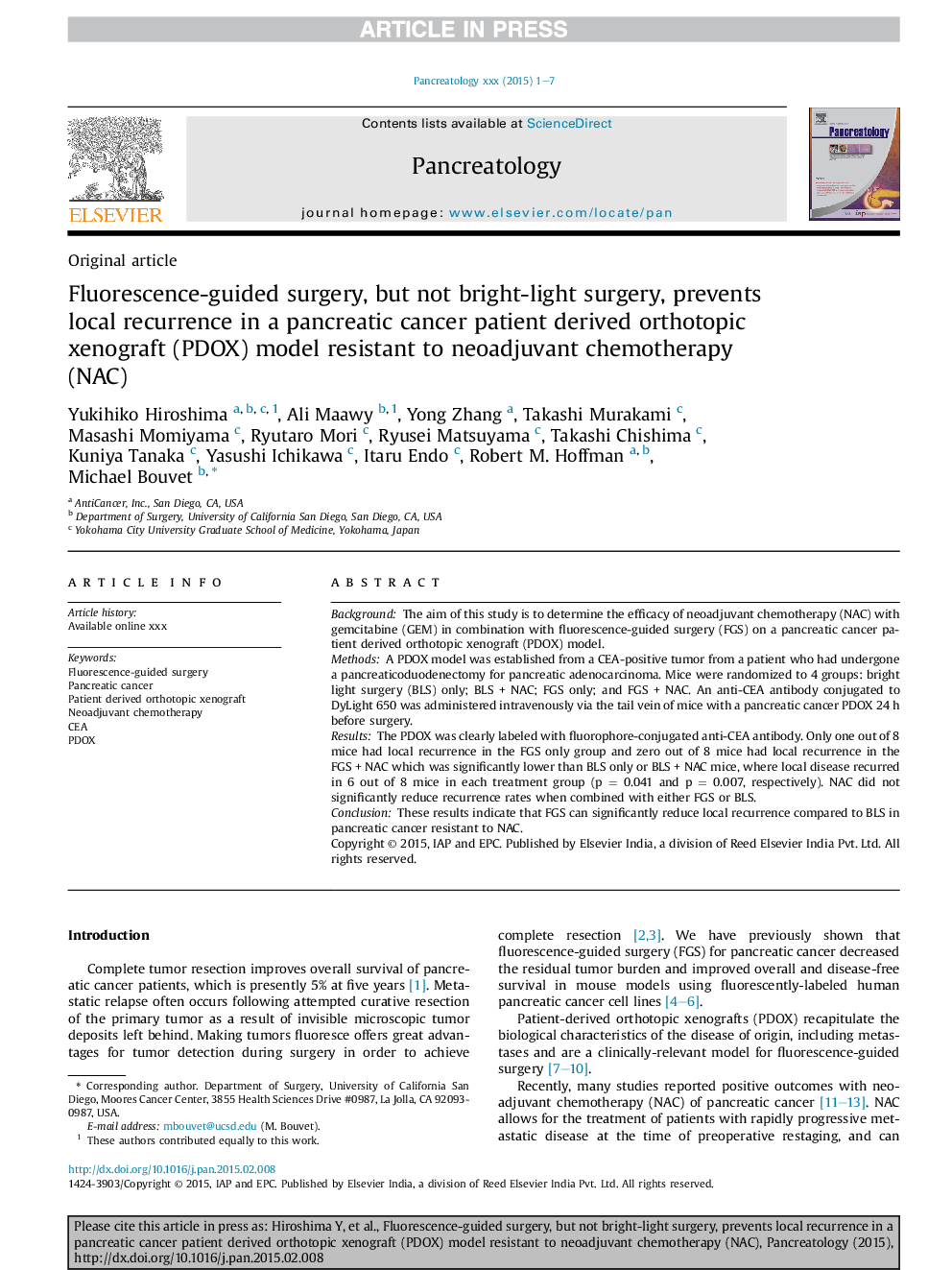 Fluorescence-guided surgery, but not bright-light surgery, prevents local recurrence in a pancreatic cancer patient derived orthotopic xenograft (PDOX) model resistant to neoadjuvant chemotherapy (NAC)