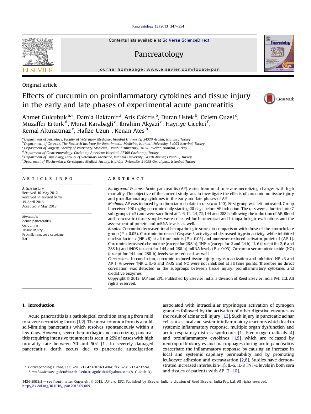 Effects of curcumin on proinflammatory cytokines and tissue injury in the early and late phases of experimental acute pancreatitis