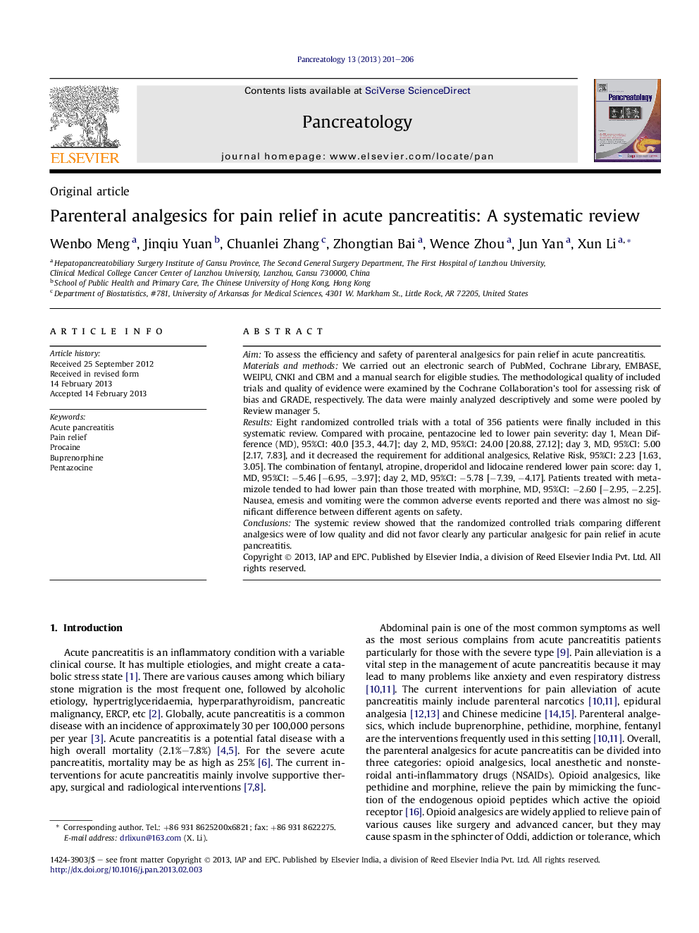 Parenteral analgesics for pain relief in acute pancreatitis: A systematic review