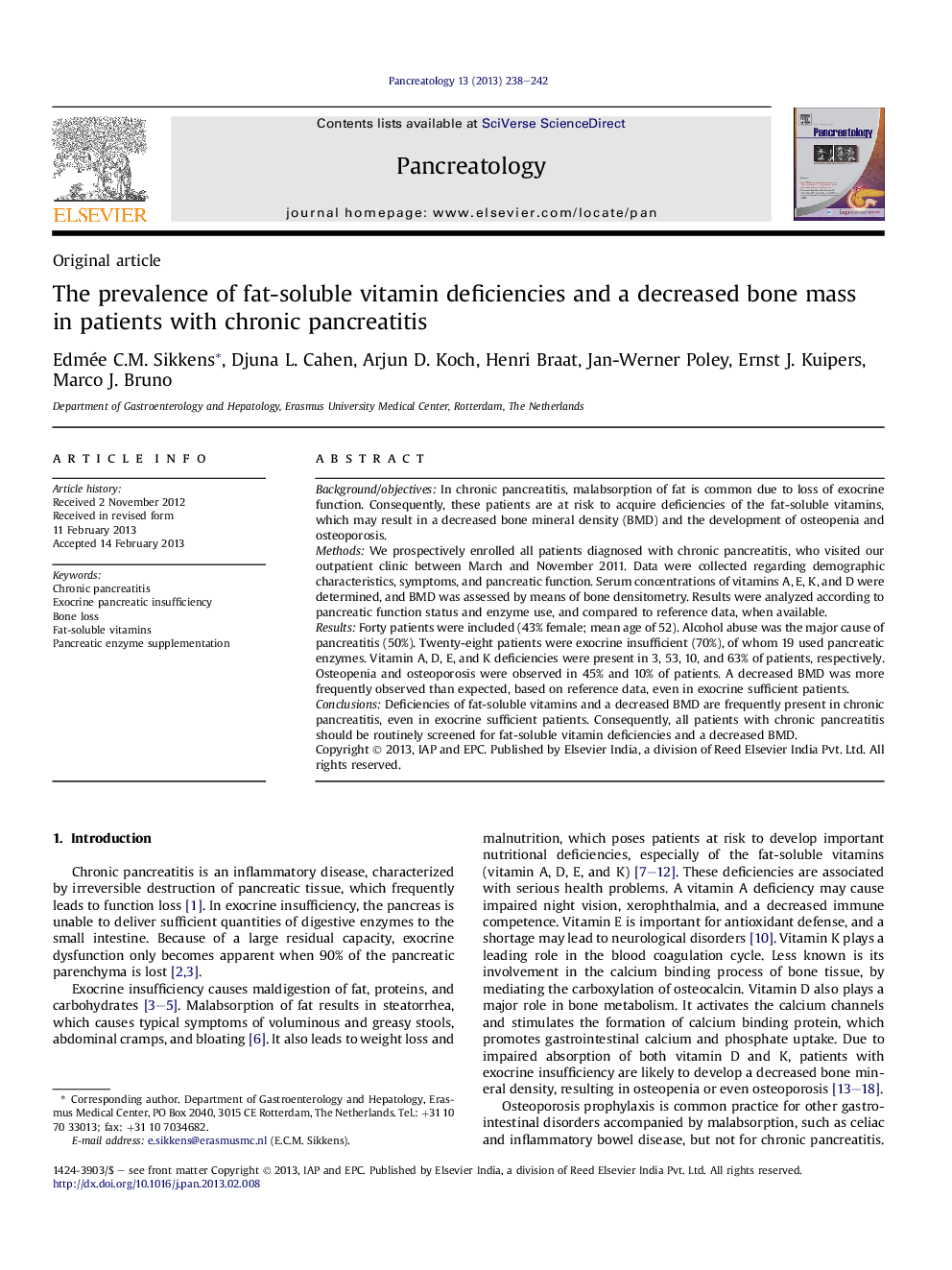 The prevalence of fat-soluble vitamin deficiencies and a decreased bone mass in patients with chronic pancreatitis