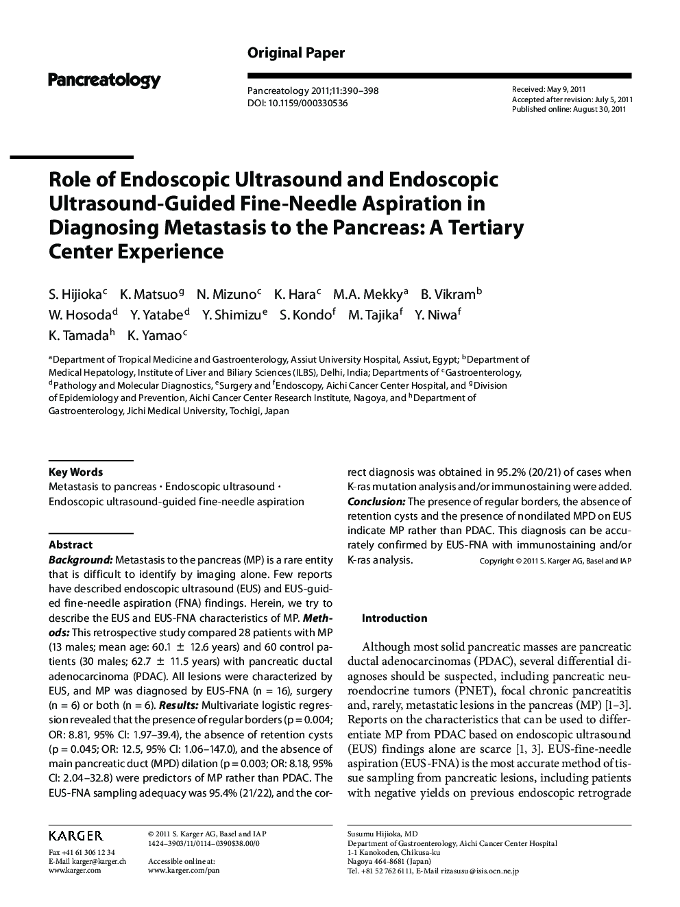 Role of Endoscopic Ultrasound and Endoscopic Ultrasound-Guided Fine-Needle Aspiration in Diagnosing Metastasis to the Pancreas: A Tertiary Center Experience