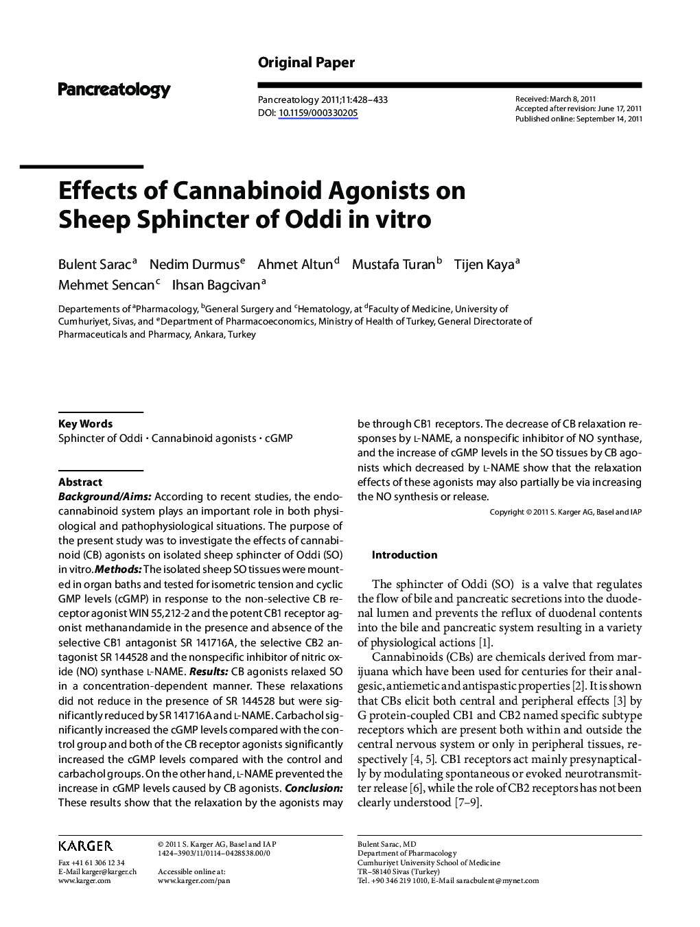 Effects of Cannabinoid Agonists on Sheep Sphincter of Oddi in vitro