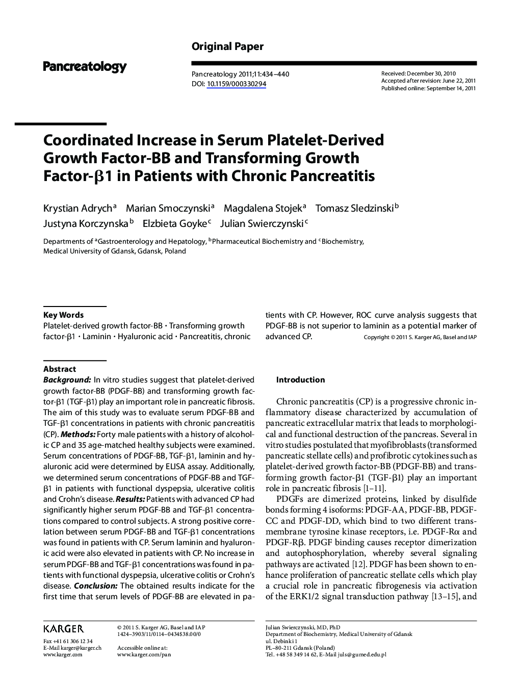 Coordinated Increase in Serum Platelet-Derived Growth Factor-BB and Transforming Growth Factor-Î²1 in Patients with Chronic Pancreatitis