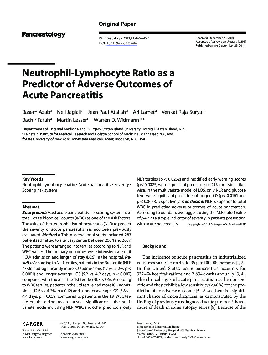 Neutrophil-Lymphocyte Ratio as a Predictor of Adverse outcomes of Acute Pancreatitis