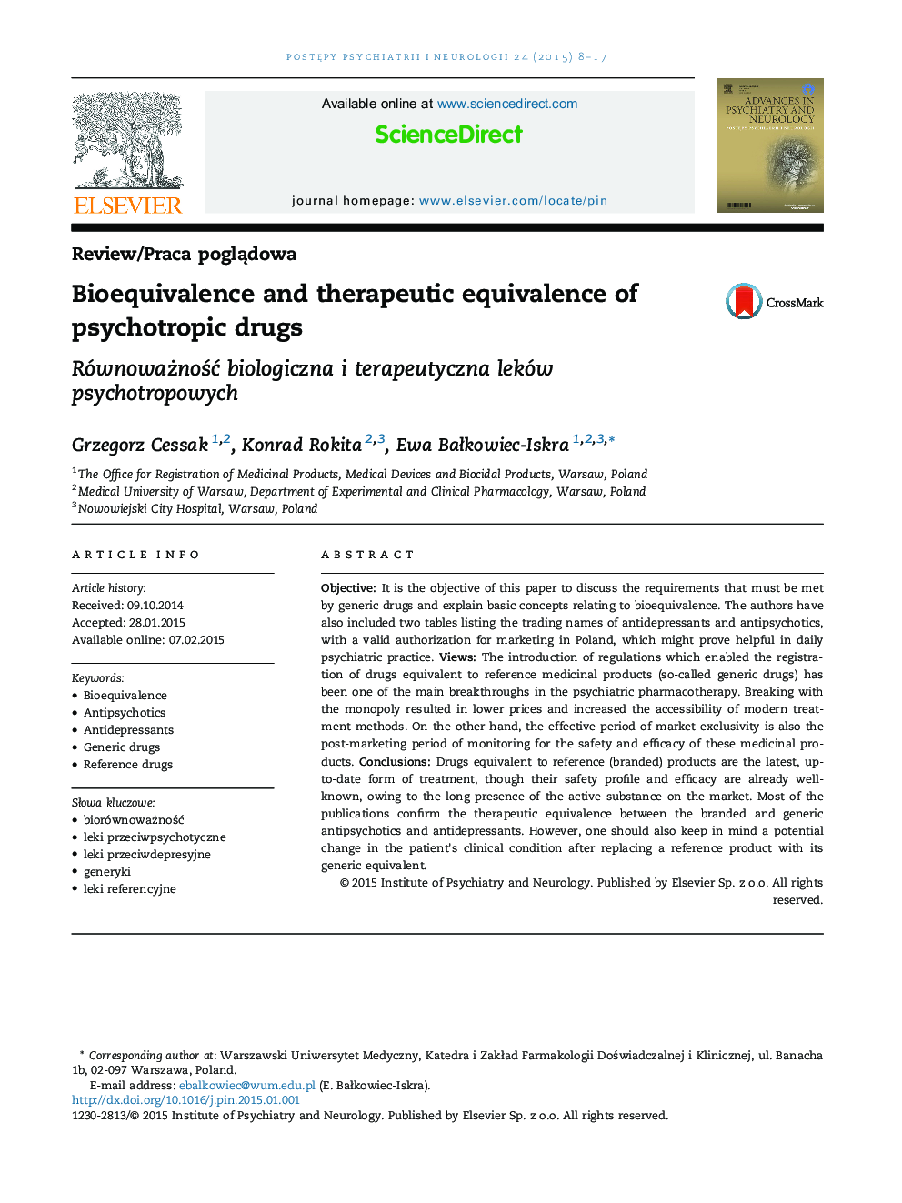 Bioequivalence and therapeutic equivalence of psychotropic drugs