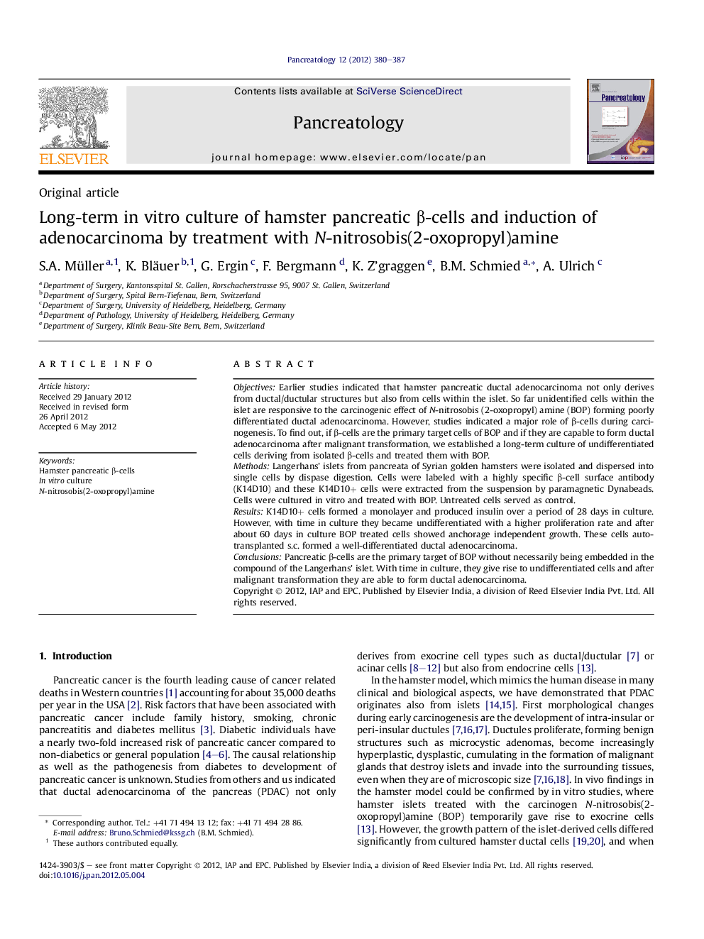 عکس صفحه اول مقاله: Long-term in vitro culture of hamster pancreatic β-cells and induction of adenocarcinoma by treatment with N-nitrosobis(2-oxopropyl)amine Long-term in vitro culture of hamster pancreatic β-cells and induction of adenocarcinoma by treatment with N-nitrosobis(2-oxopropyl)amine
