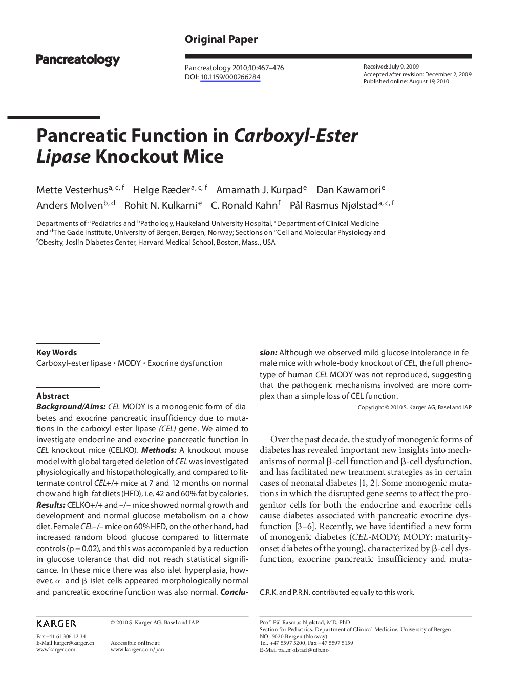 Pancreatic Function in Carboxyl-Ester Lipase Knockout Mice