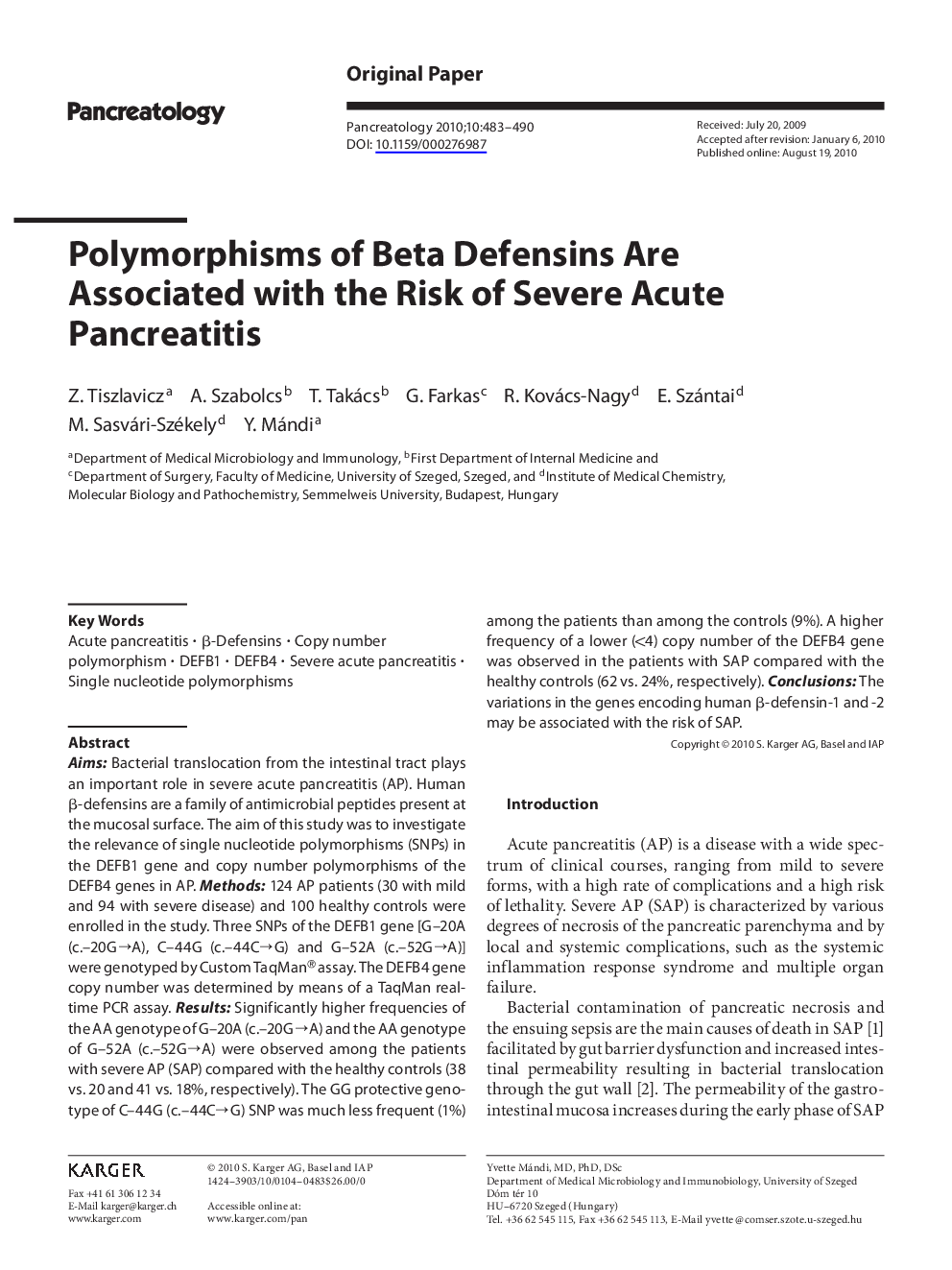Polymorphisms of Beta Defensins Are Associated with the Risk of Severe Acute Pancreatitis