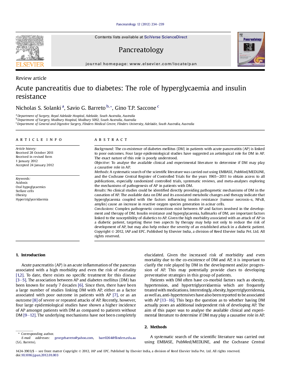 Acute pancreatitis due to diabetes: The role of hyperglycaemia and insulin resistance