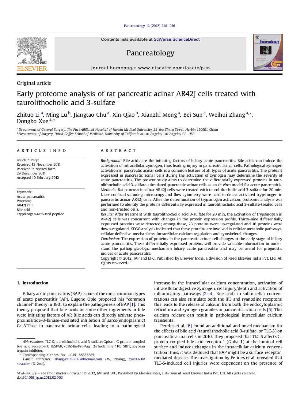 Early proteome analysis of rat pancreatic acinar AR42J cells treated with taurolithocholic acid 3-sulfate