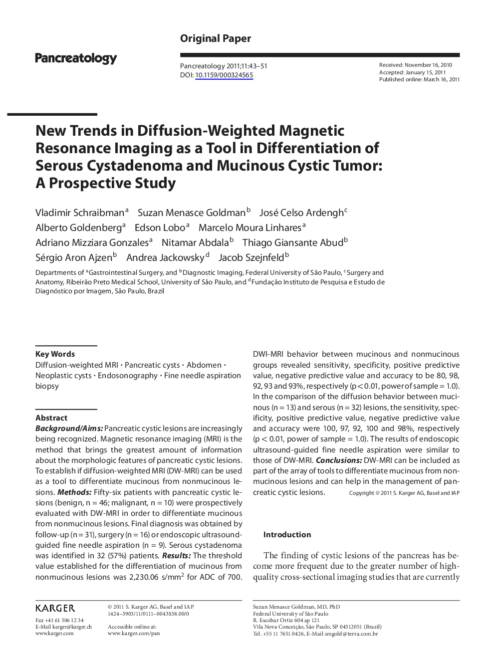 New Trends in Diffusion-Weighted Magnetic Resonance Imaging as a Tool in Differentiation of Serous Cystadenoma and Mucinous Cystic Tumor: A Prospective Study