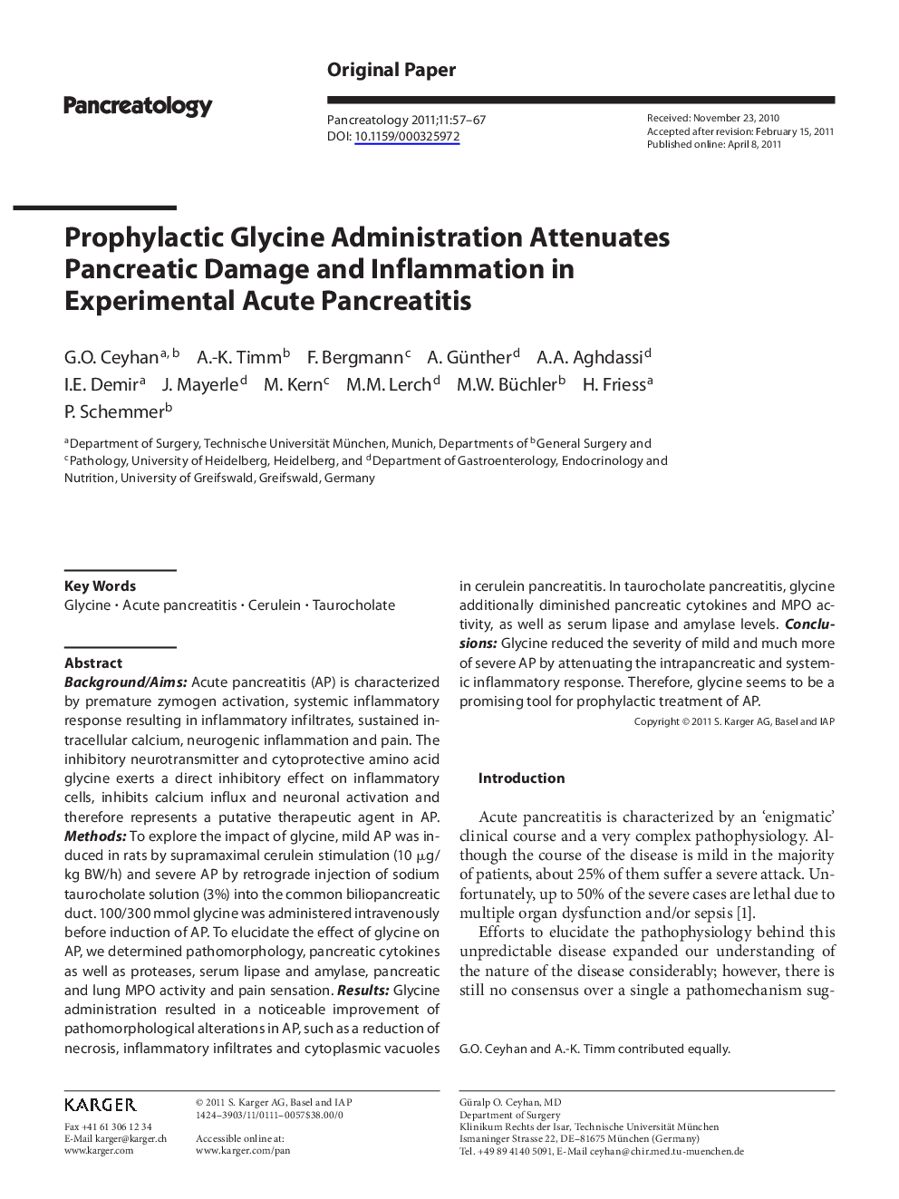 Prophylactic Glycine Administration Attenuates Pancreatic Damage and Inflammation in Experimental Acute Pancreatitis