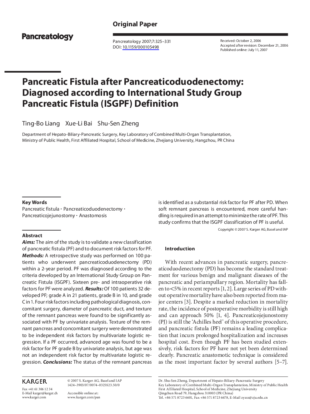Pancreatic Fistula after Pancreaticoduodenectomy: Diagnosed according to International Study Group Pancreatic Fistula (ISGPF) Definition