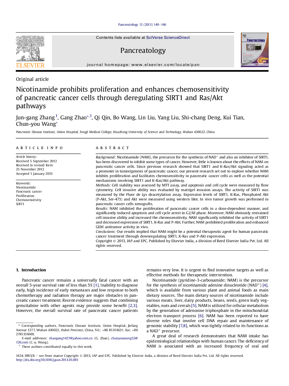 Nicotinamide prohibits proliferation and enhances chemosensitivity of pancreatic cancer cells through deregulating SIRT1 and Ras/Akt pathways