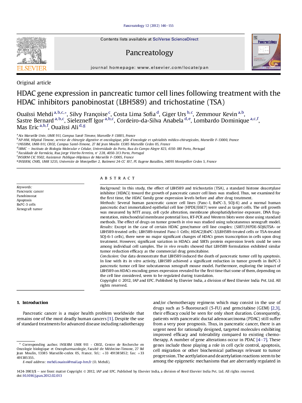 HDAC gene expression in pancreatic tumor cell lines following treatment with the HDAC inhibitors panobinostat (LBH589) and trichostatine (TSA)