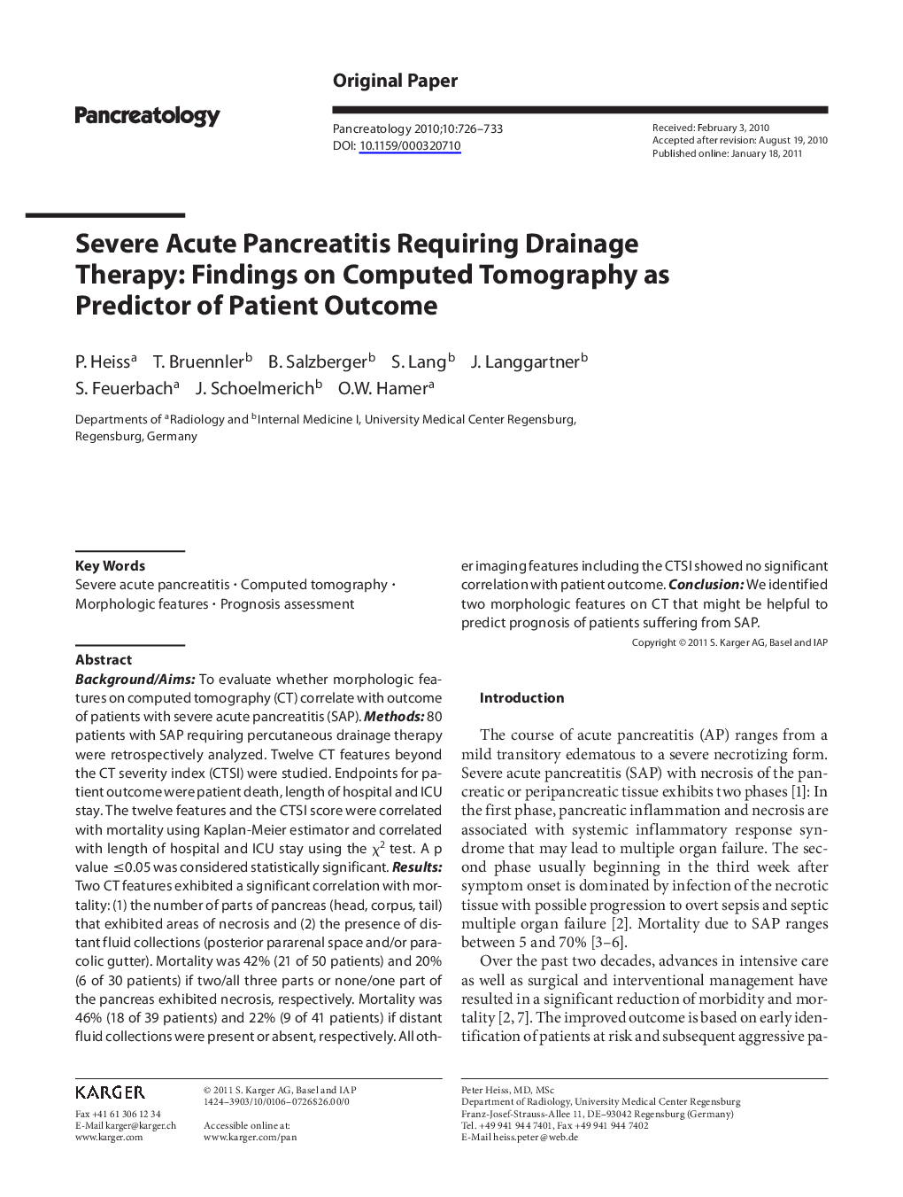 Severe Acute Pancreatitis Requiring Drainage Therapy: Findings on Computed Tomography as Predictor of Patient Outcome