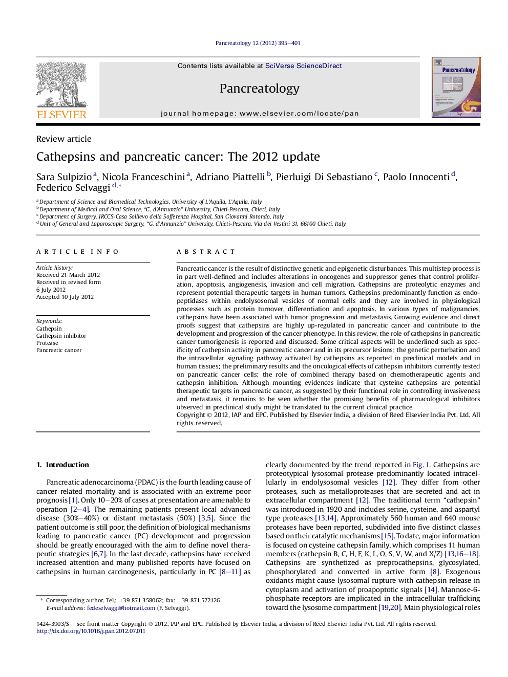 Cathepsins and pancreatic cancer: The 2012 update