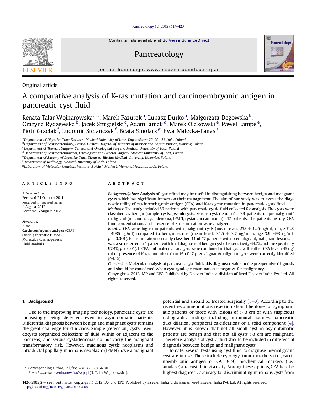 A comparative analysis of K-ras mutation and carcinoembryonic antigen in pancreatic cyst fluid