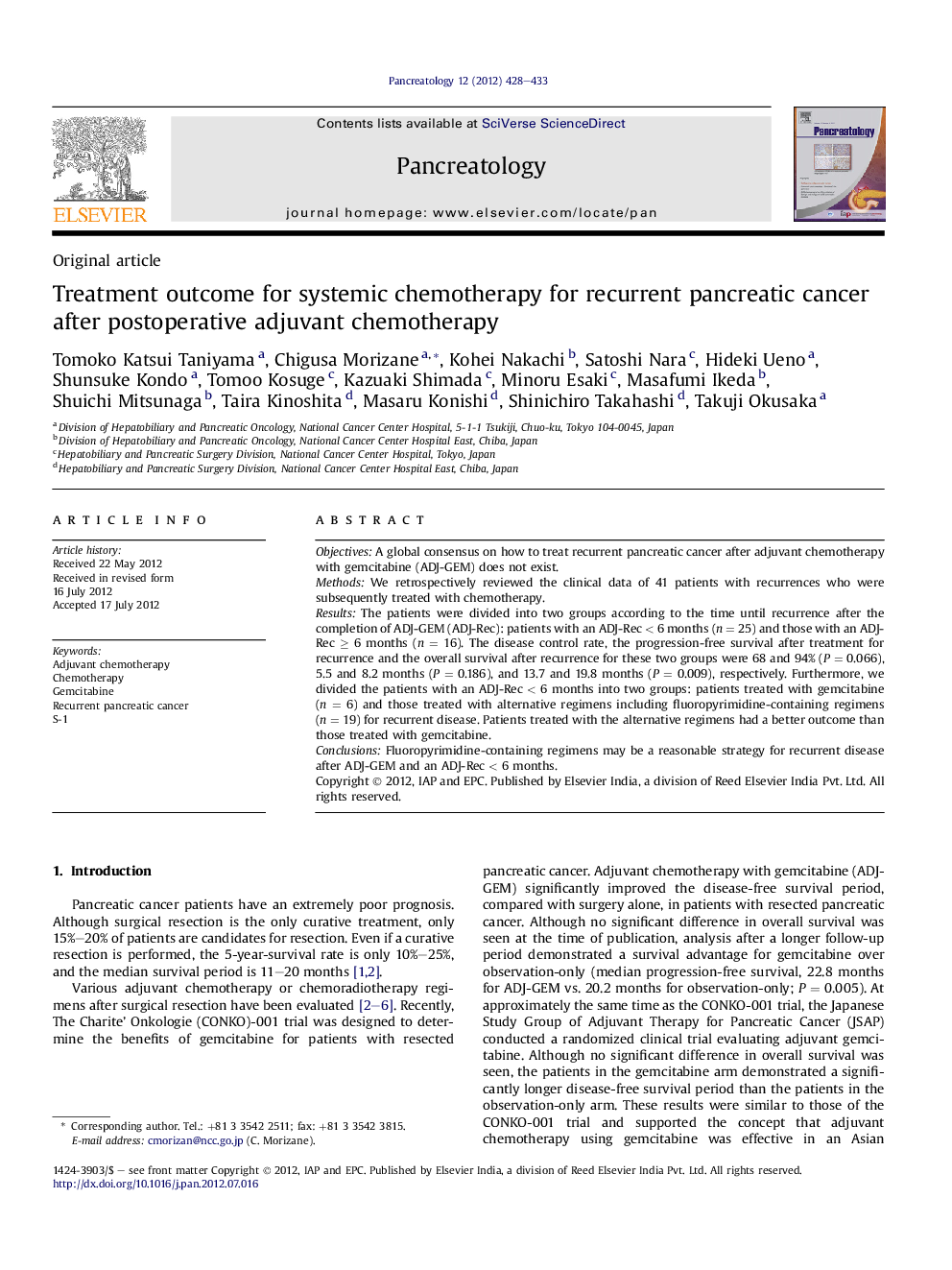 Treatment outcome for systemic chemotherapy for recurrent pancreatic cancer after postoperative adjuvant chemotherapy