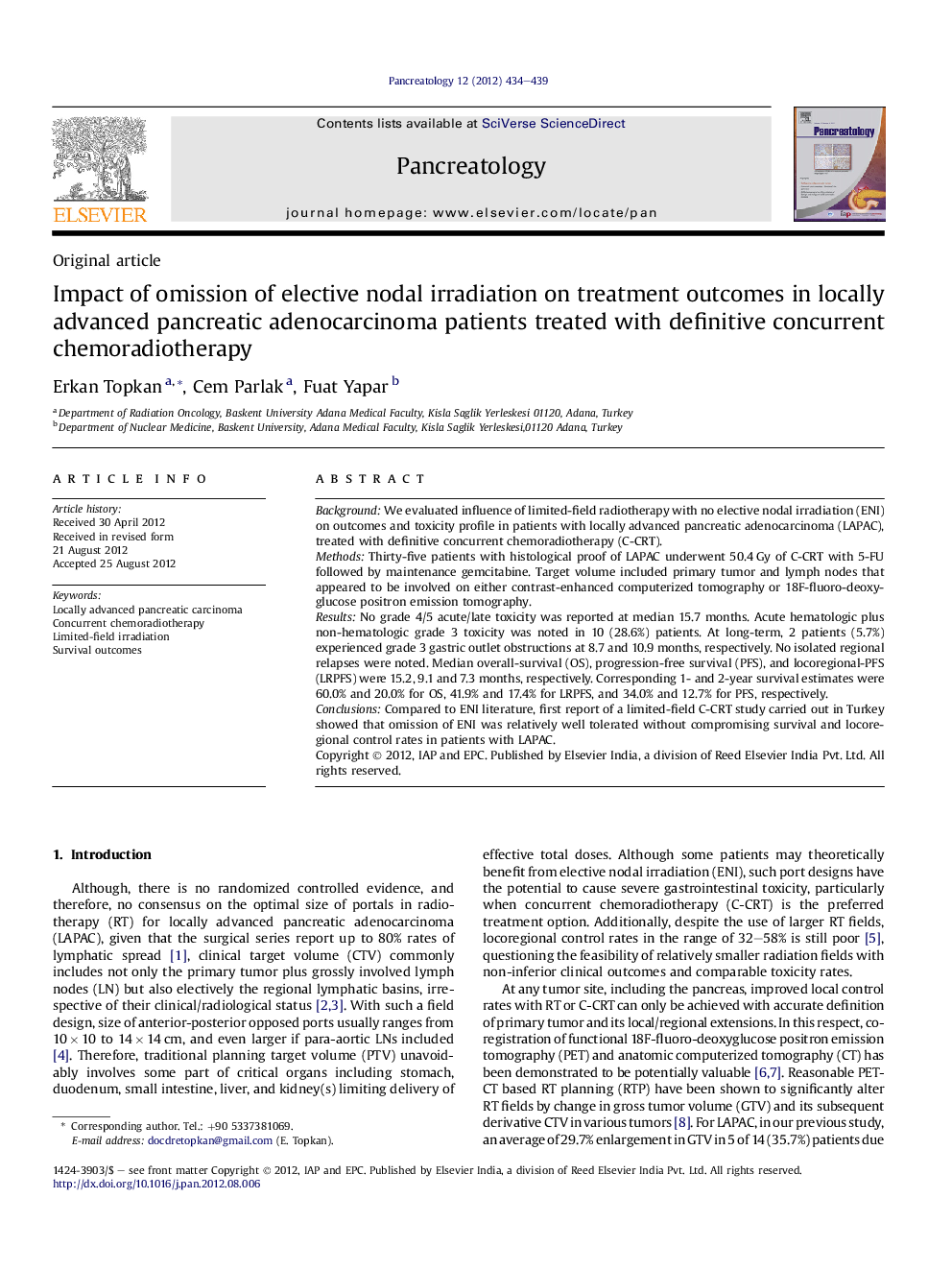 Impact of omission of elective nodal irradiation on treatment outcomes in locally advanced pancreatic adenocarcinoma patients treated with definitive concurrent chemoradiotherapy