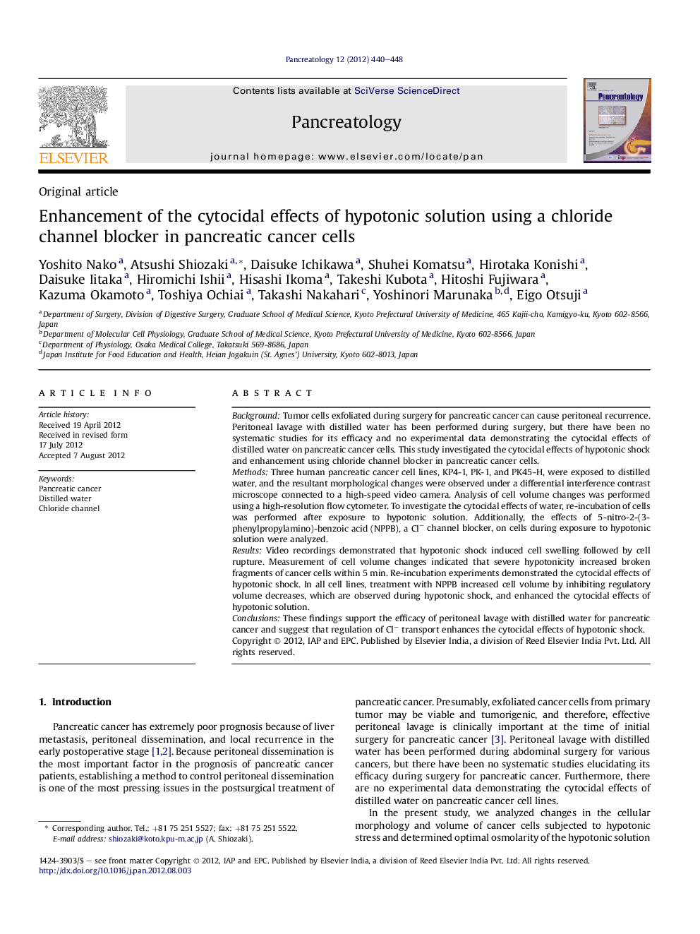 Enhancement of the cytocidal effects of hypotonic solution using a chloride channel blocker in pancreatic cancer cells