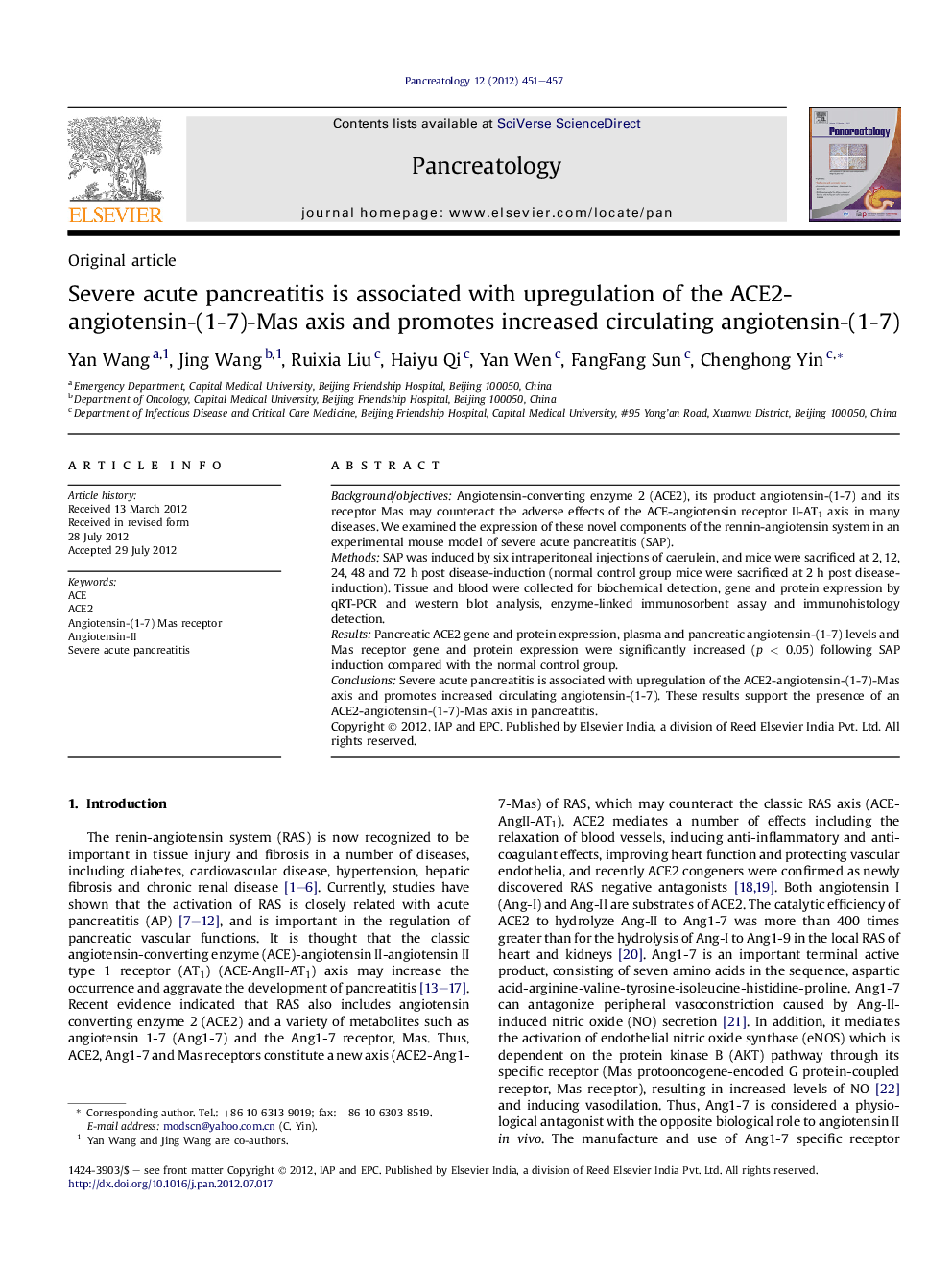 Severe acute pancreatitis is associated with upregulation of the ACE2-angiotensin-(1-7)-Mas axis and promotes increased circulating angiotensin-(1-7)