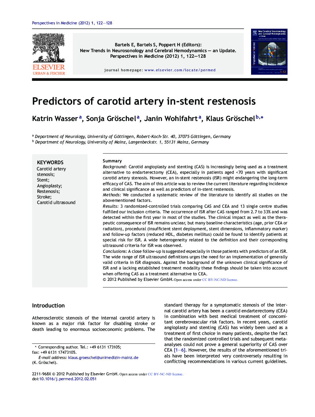 Predictors of carotid artery in-stent restenosis