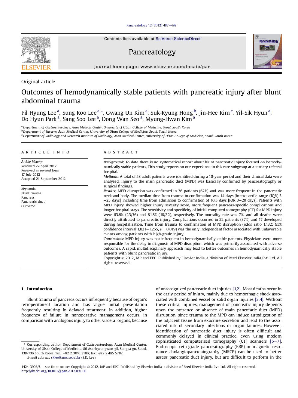 Outcomes of hemodynamically stable patients with pancreatic injury after blunt abdominal trauma