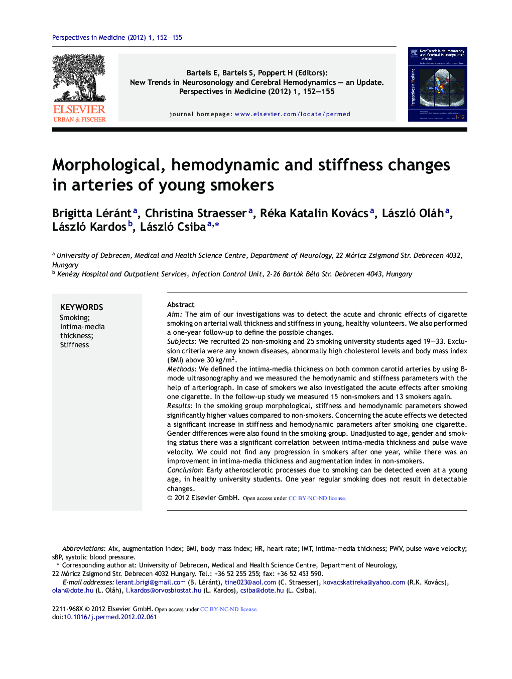 Morphological, hemodynamic and stiffness changes in arteries of young smokers