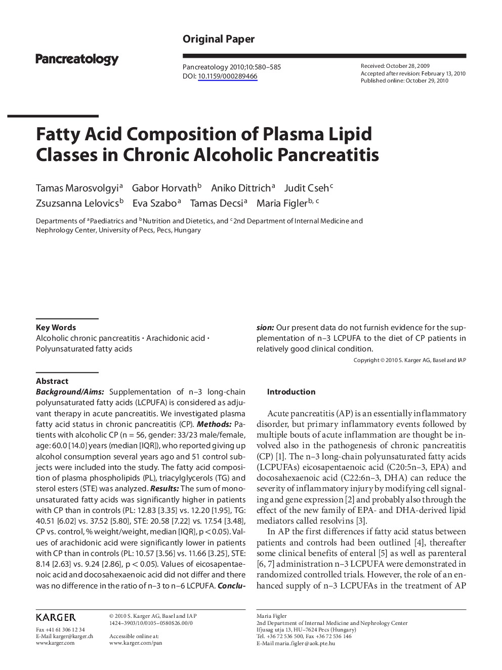 Fatty Acid Composition of Plasma Lipid Classes in Chronic Alcoholic Pancreatitis
