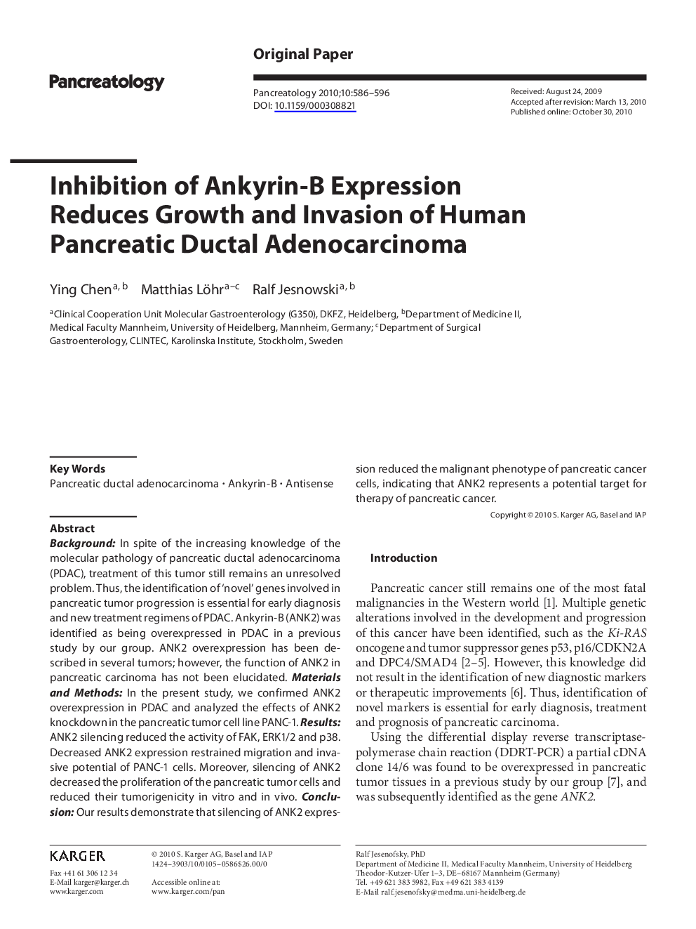 Inhibition of Ankyrin-B Expression Reduces Growth and Invasion of Human Pancreatic Ductal Adenocarcinoma