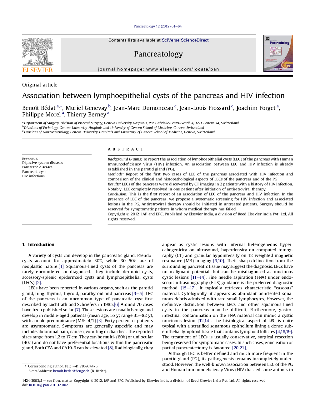 Association between lymphoepithelial cysts of the pancreas and HIV infection