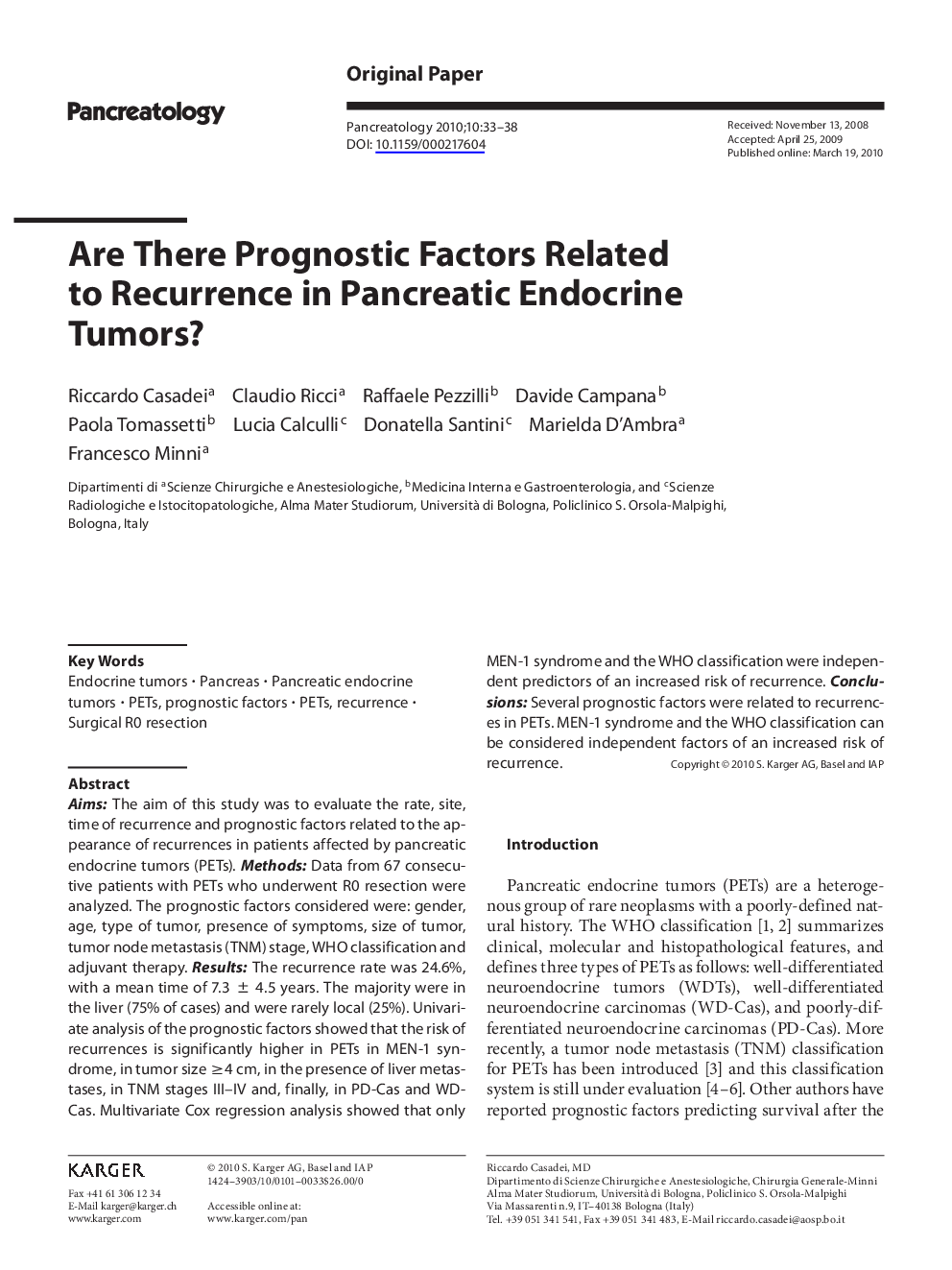 Are There Prognostic Factors Related to Recurrence in Pancreatic Endocrine Tumors?