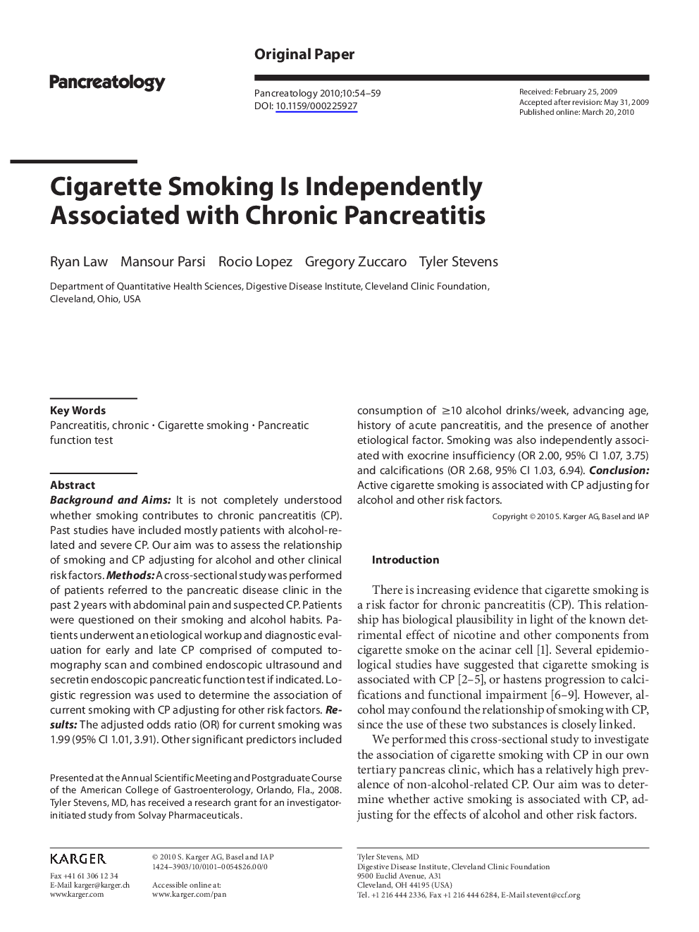 Cigarette Smoking Is Independently Associated with Chronic Pancreatitis