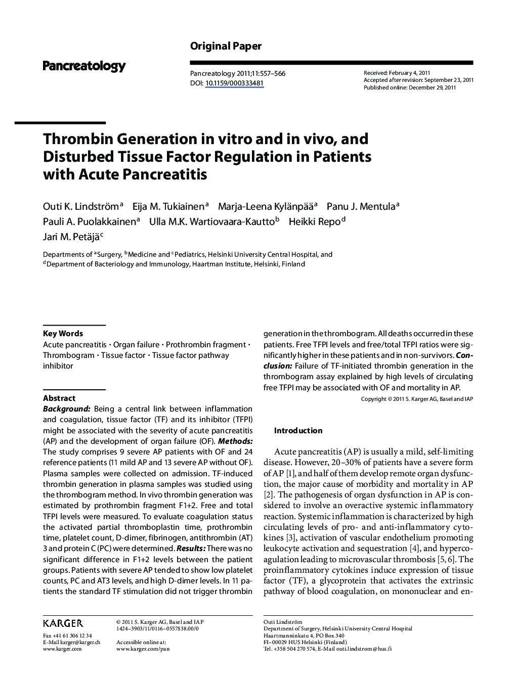 Thrombin Generation in vitro and in vivo, and Disturbed Tissue Factor Regulation in Patients with Acute Pancreatitis