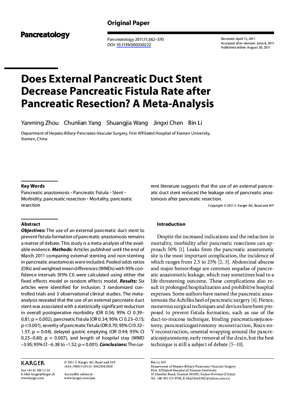 Does External Pancreatic Duct Stent Decrease Pancreatic Fistula Rate after Pancreatic Resection? A Meta-Analysis