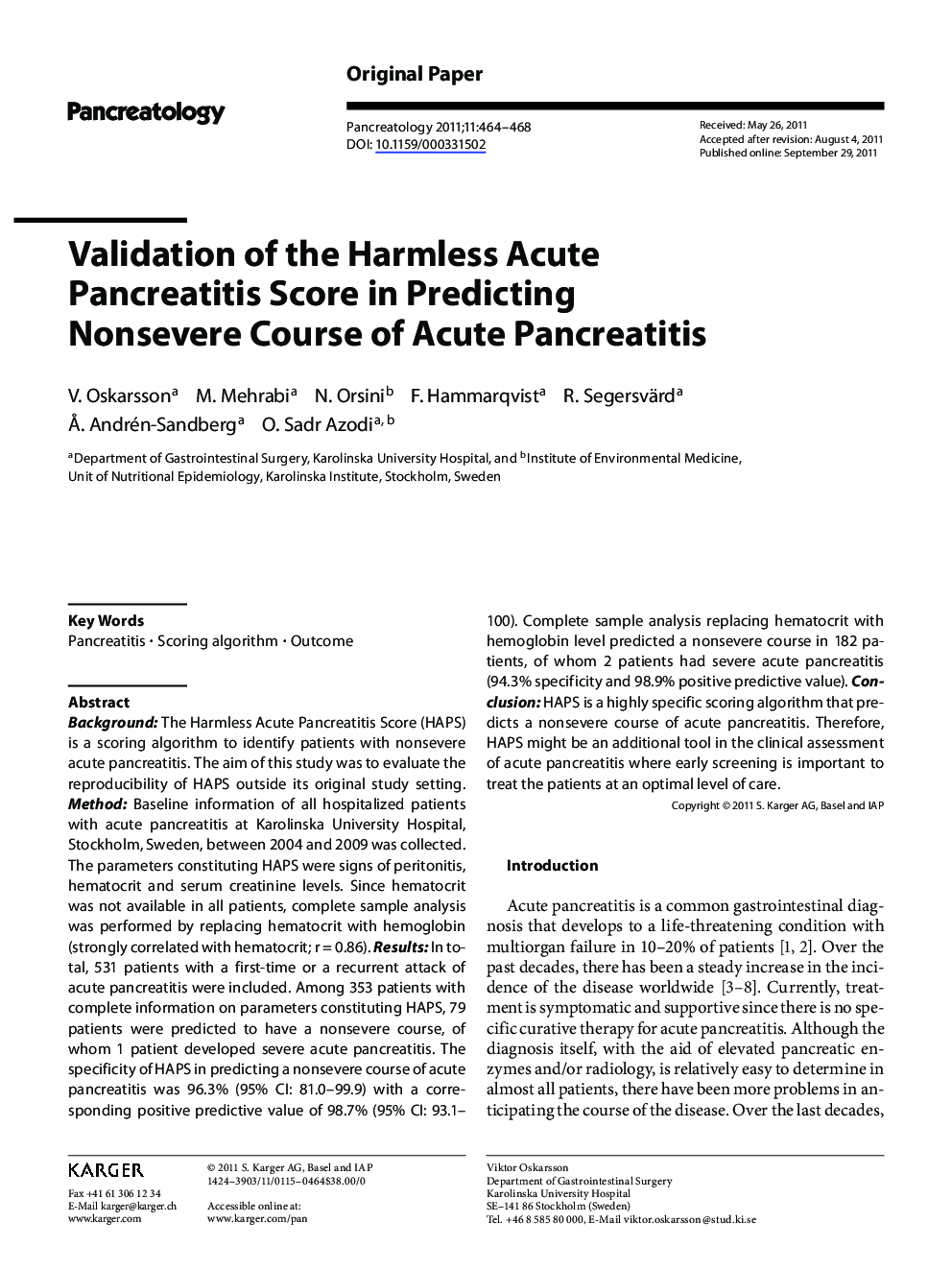 Validation of the Harmless Acute Pancreatitis Score in Predicting Nonsevere Course of Acute Pancreatitis