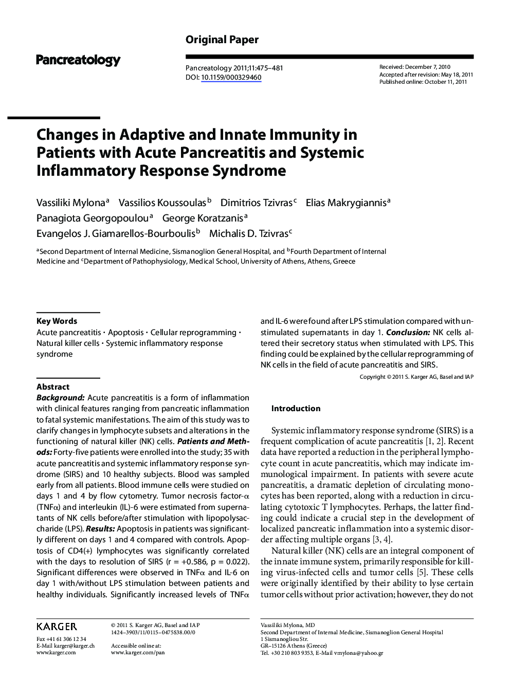 Changes in Adaptive and Innate Immunity in Patients with Acute Pancreatitis and Systemic Inflammatory Response Syndrome