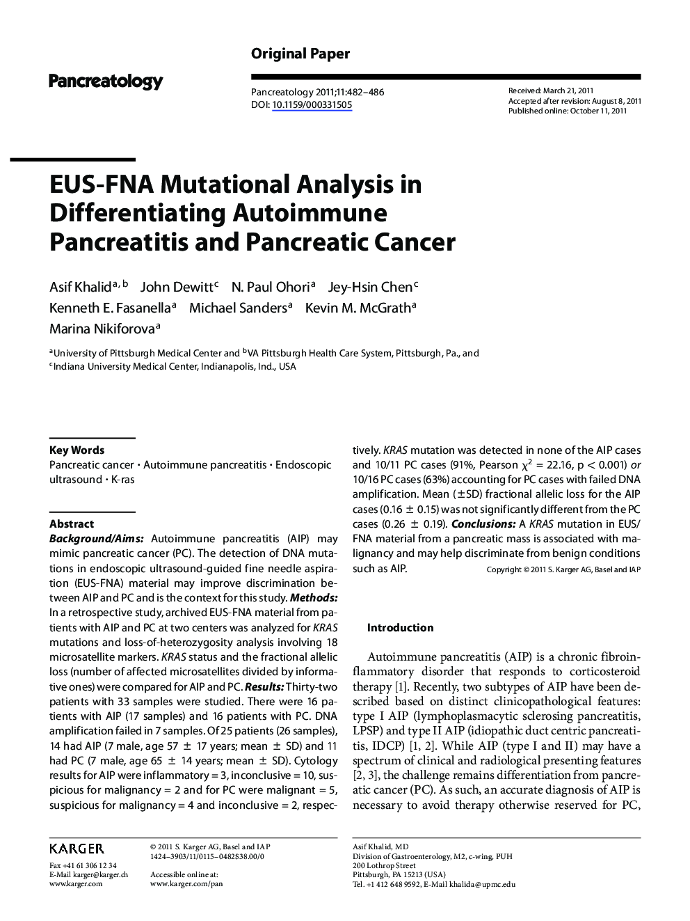 EUS-FNA Mutational Analysis in Differentiating Autoimmune Pancreatitis and Pancreatic Cancer