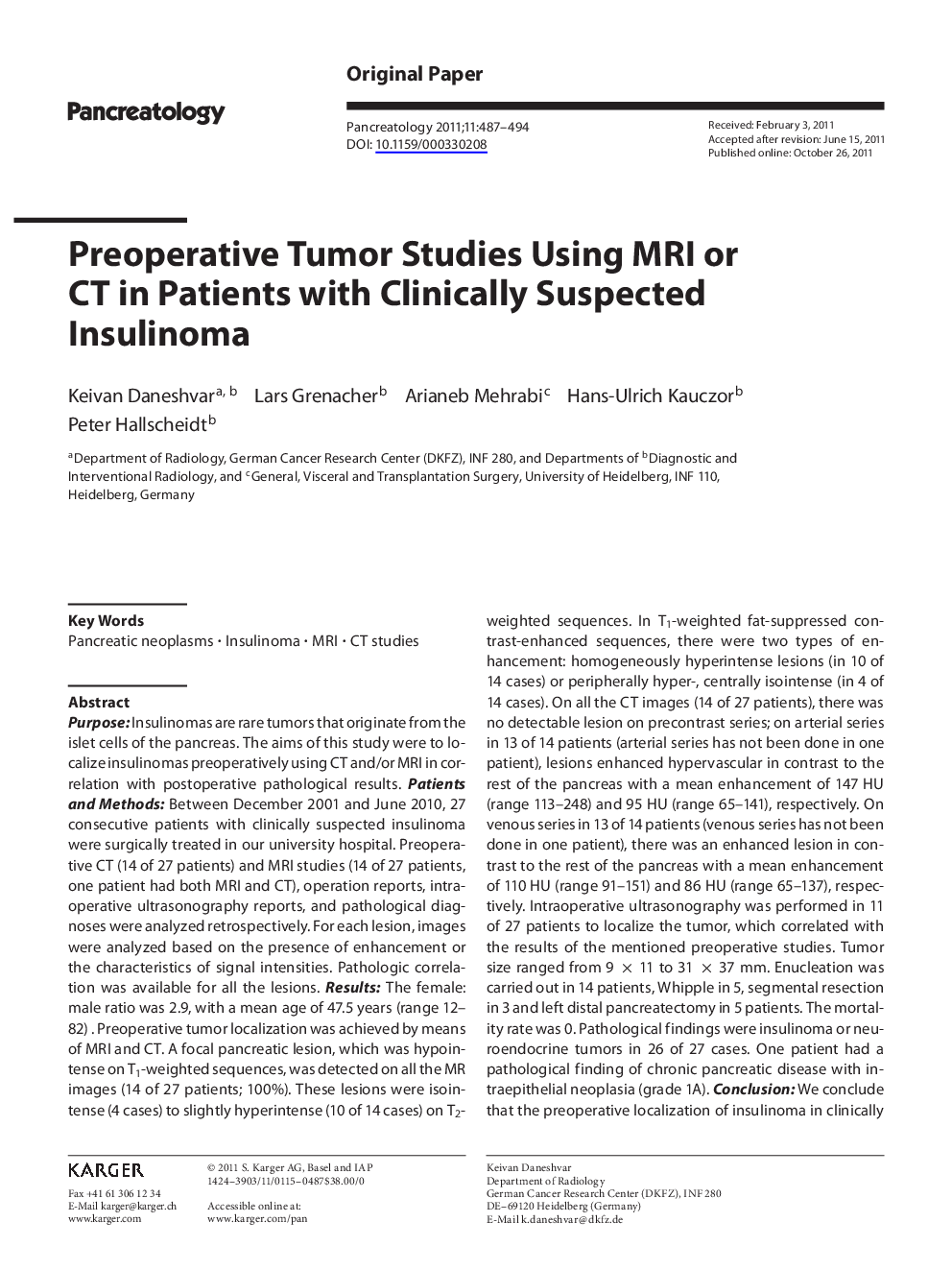 Preoperative Tumor Studies Using MRI or CT in Patients with Clinically Suspected Insulinoma